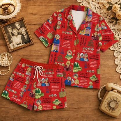Satin Pajama Set - Retro Friendship Colorful Print Lounge PJs for Women