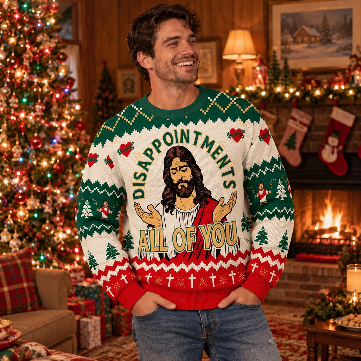 Disappointments All of You Funny Jesus Knit Ugly Christmas Sweater - worn front view