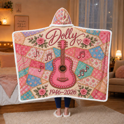 Country Western Wearable Blanket - Patchwork Guitar, Boots & Butterfly Hooded Sherpa Throw