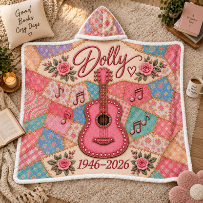 Country Western Wearable Blanket - Patchwork Guitar, Boots & Butterfly Hooded Sherpa Throw