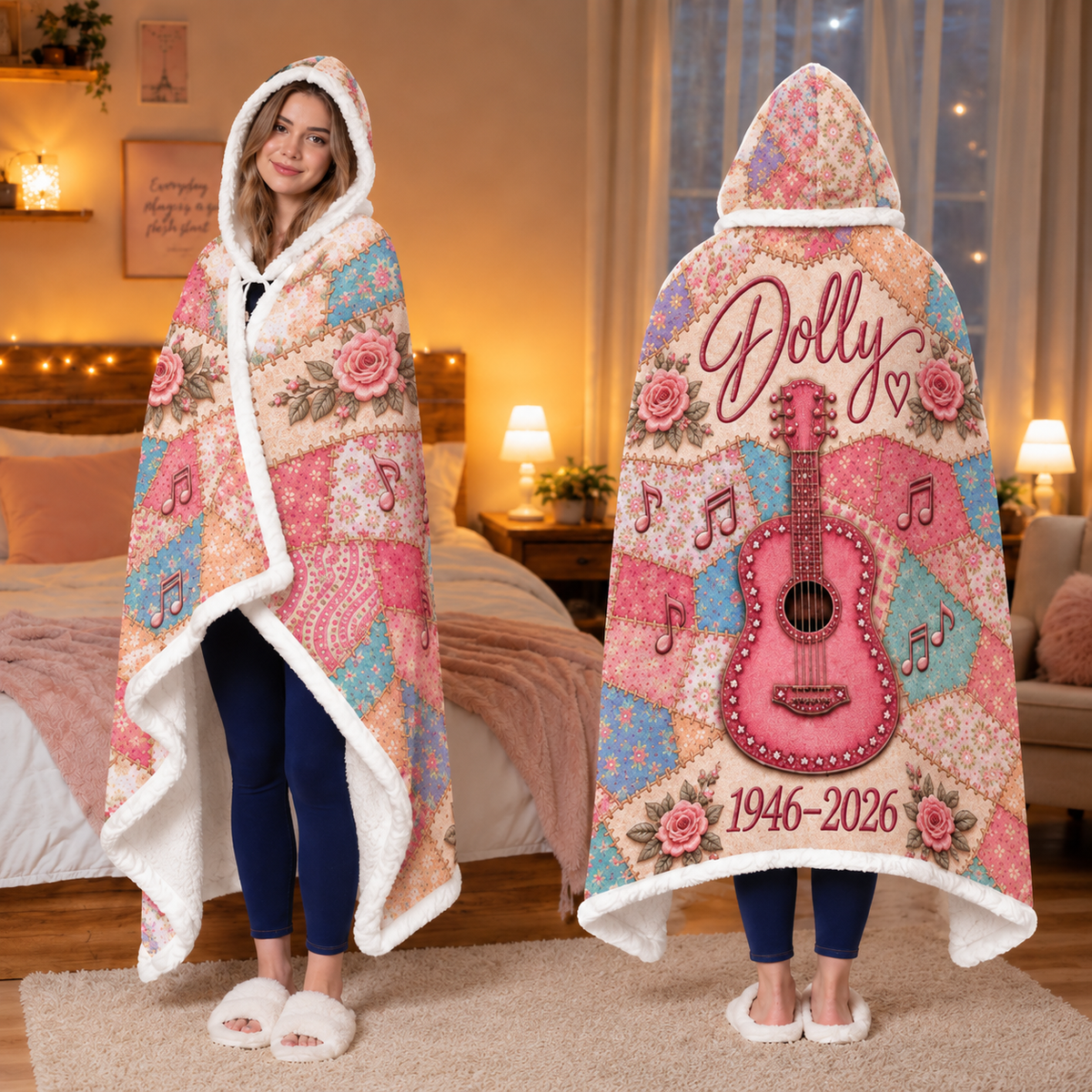 Country Western Wearable Blanket - Patchwork Guitar, Boots & Butterfly Hooded Sherpa Throw