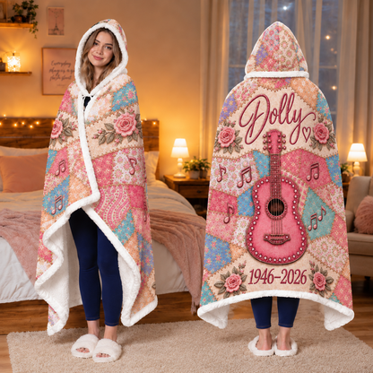 Country Western Wearable Blanket - Patchwork Guitar, Boots & Butterfly Hooded Sherpa Throw