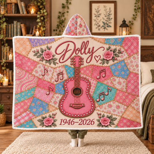Country Western Wearable Blanket - Patchwork Guitar, Boots & Butterfly Hooded Sherpa Throw