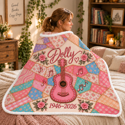 Country Western Wearable Blanket - Patchwork Guitar, Boots & Butterfly Hooded Sherpa Throw