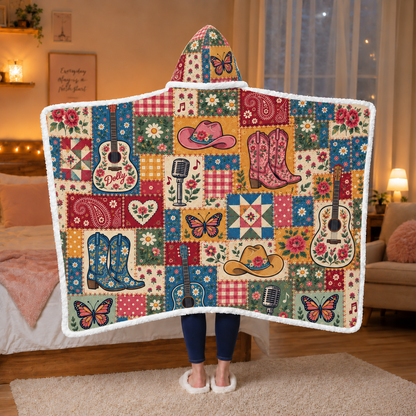 Country Western Cowgirl Wearable Blanket, Pink Western Fan Gift Country Concert Hooded Blanket