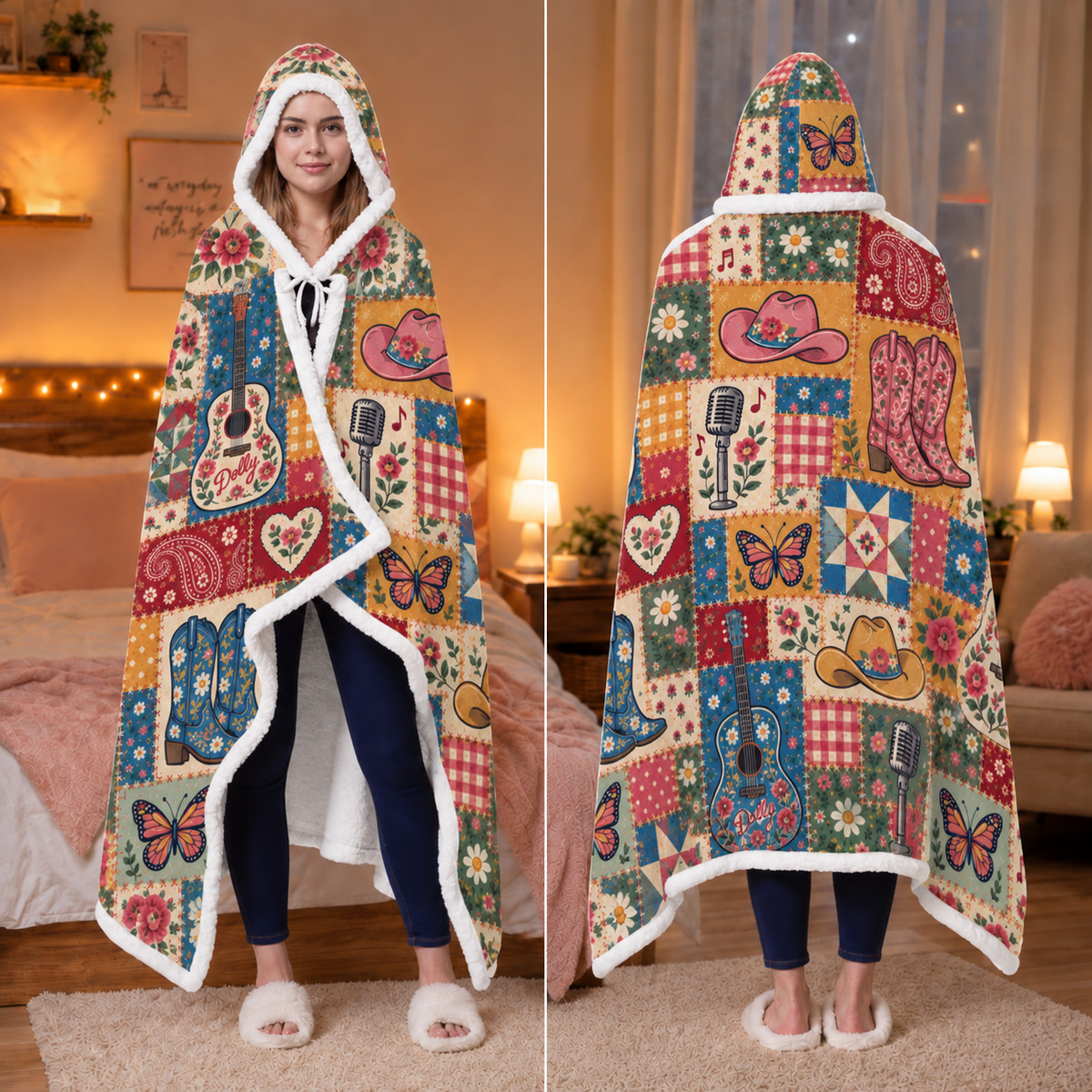 Country Western Cowgirl Wearable Blanket, Pink Western Fan Gift Country Concert Hooded Blanket