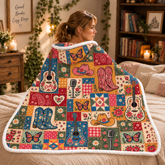 Country Western Cowgirl Wearable Blanket, Pink Western Fan Gift Country Concert Hooded Blanket