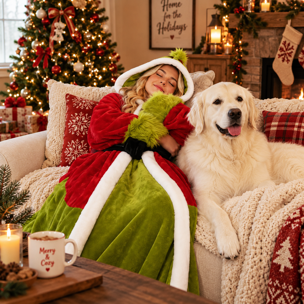 Christmas Heated Wearable Blanket, Sherpa Hooded Blanket with Heater Controller