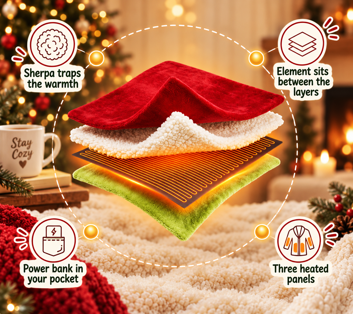 Christmas Heated Wearable Blanket, Sherpa Hooded Blanket with Heater Controller