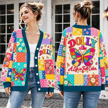 Butterfly Cardigan for Women - Colorful Patchwork Floral Knit Sweater with Cowboy Hat Design