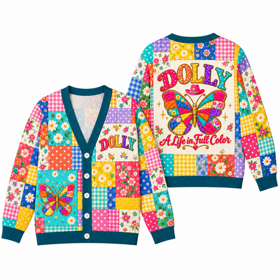 Butterfly Cardigan for Women - Colorful Patchwork Floral Knit Sweater with Cowboy Hat Design
