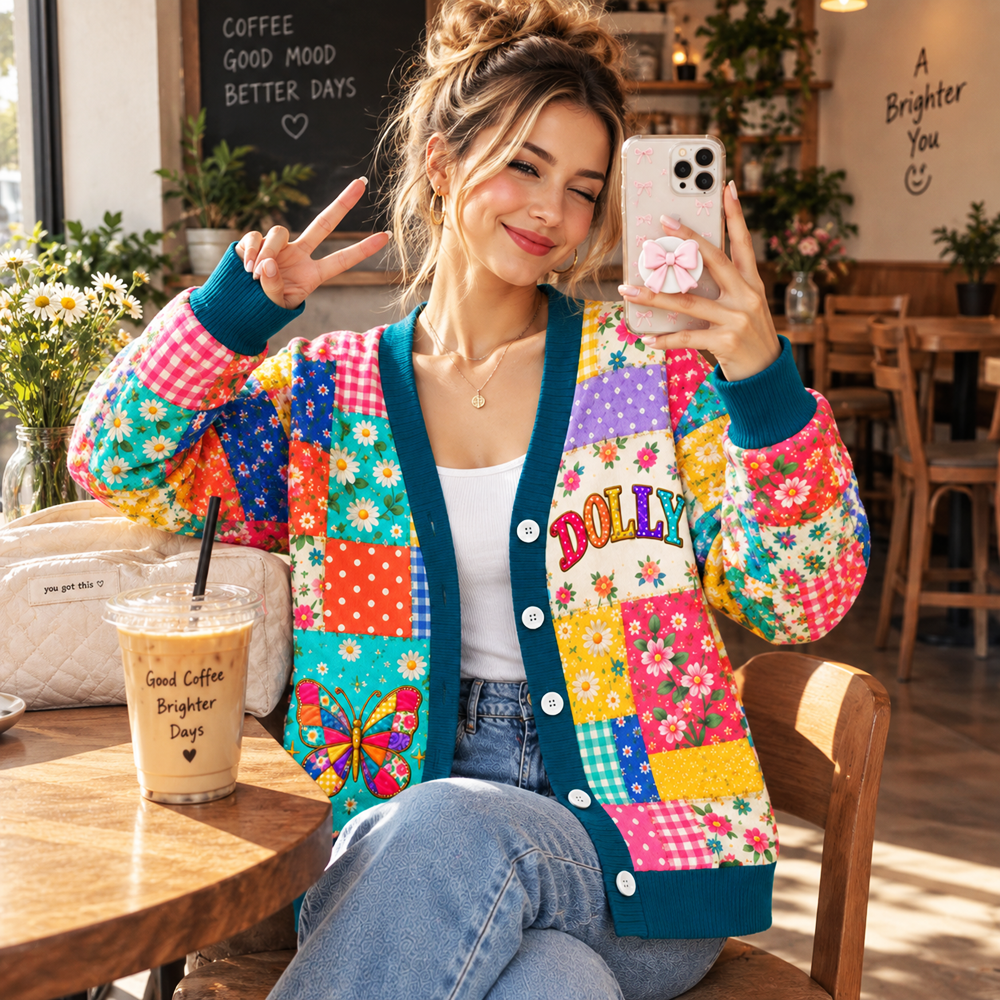 Butterfly Cardigan for Women - Colorful Patchwork Floral Knit Sweater with Cowboy Hat Design