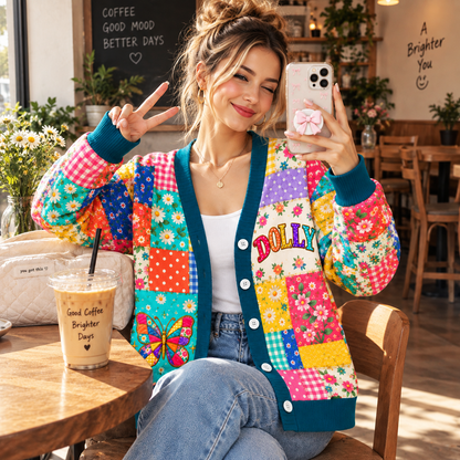 Butterfly Cardigan for Women - Colorful Patchwork Floral Knit Sweater with Cowboy Hat Design