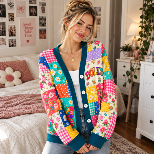 Butterfly Cardigan for Women - Colorful Patchwork Floral Knit Sweater with Cowboy Hat Design