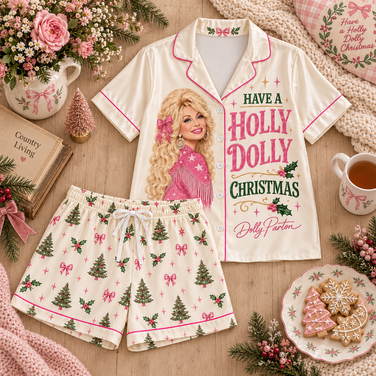 Christmas Satin Pajama Set for Women - Patchwork Butterfly & Floral Print Pajamas