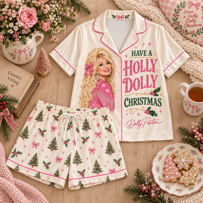 Christmas Satin Pajama Set for Women - Patchwork Butterfly & Floral Print Pajamas