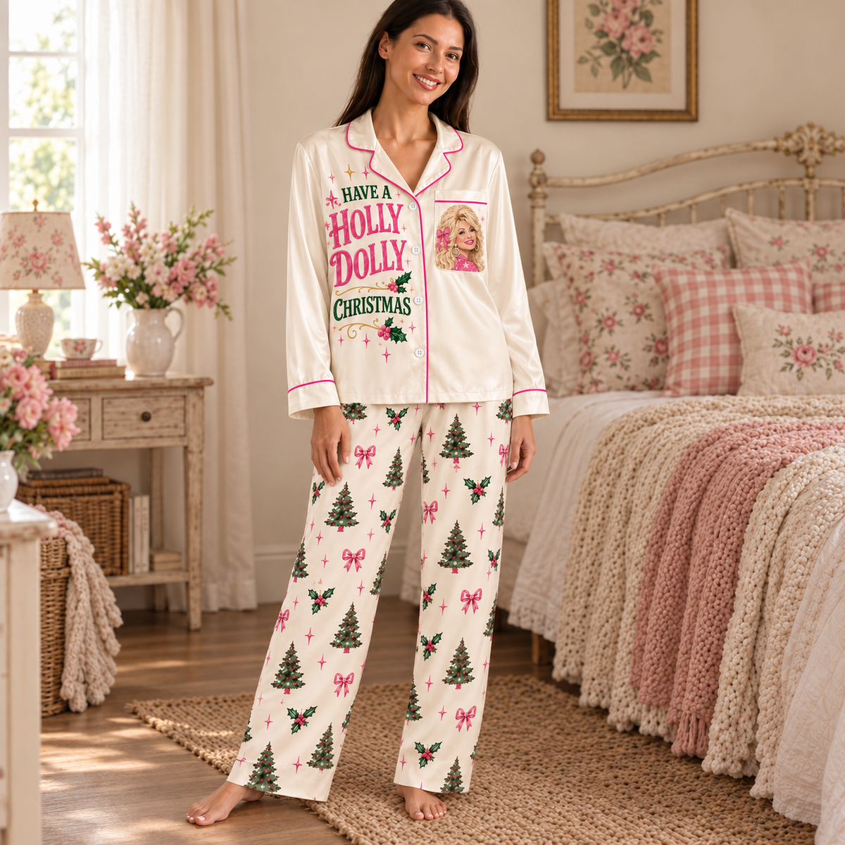 Christmas Satin Pajama Set for Women - Patchwork Butterfly & Floral Print Pajamas