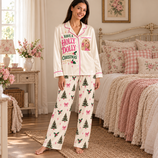 Christmas Satin Pajama Set for Women - Patchwork Butterfly & Floral Print Pajamas