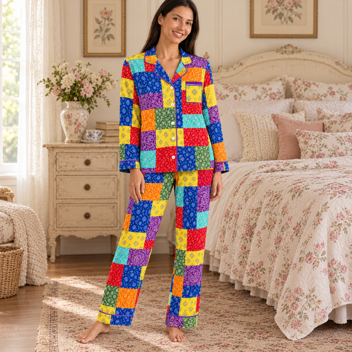 Christmas Satin Pajama Set for Women - Patchwork Butterfly & Floral Print Pajamas