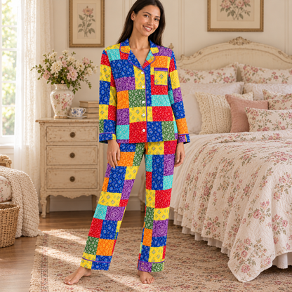 Christmas Satin Pajama Set for Women - Patchwork Butterfly & Floral Print Pajamas