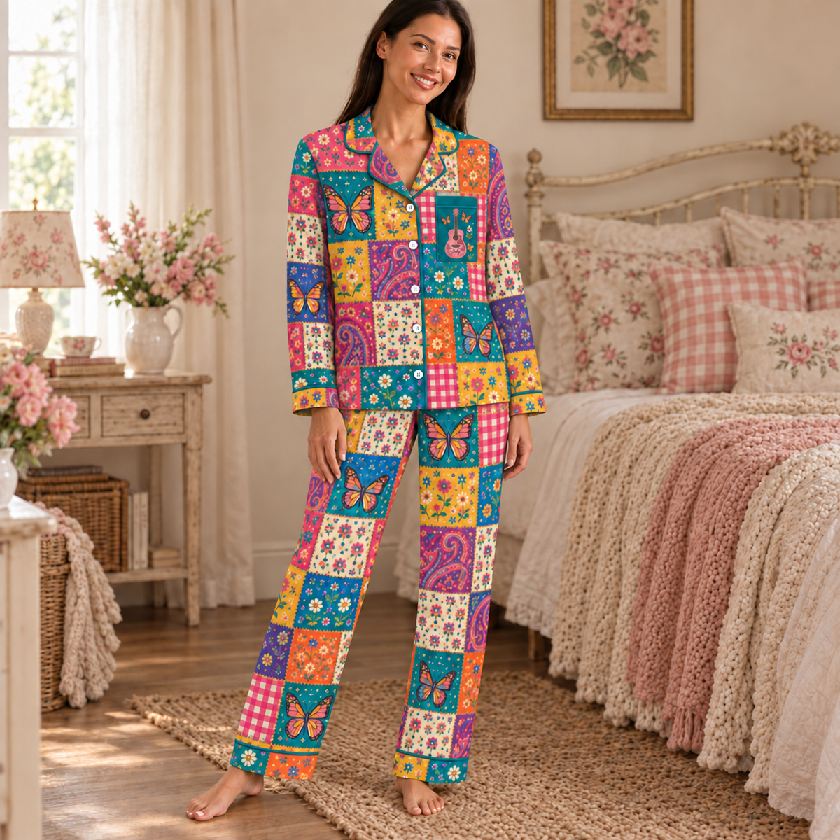 Christmas Satin Pajama Set for Women - Patchwork Butterfly & Floral Print Pajamas