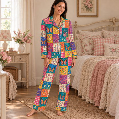 Christmas Satin Pajama Set for Women - Patchwork Butterfly & Floral Print Pajamas