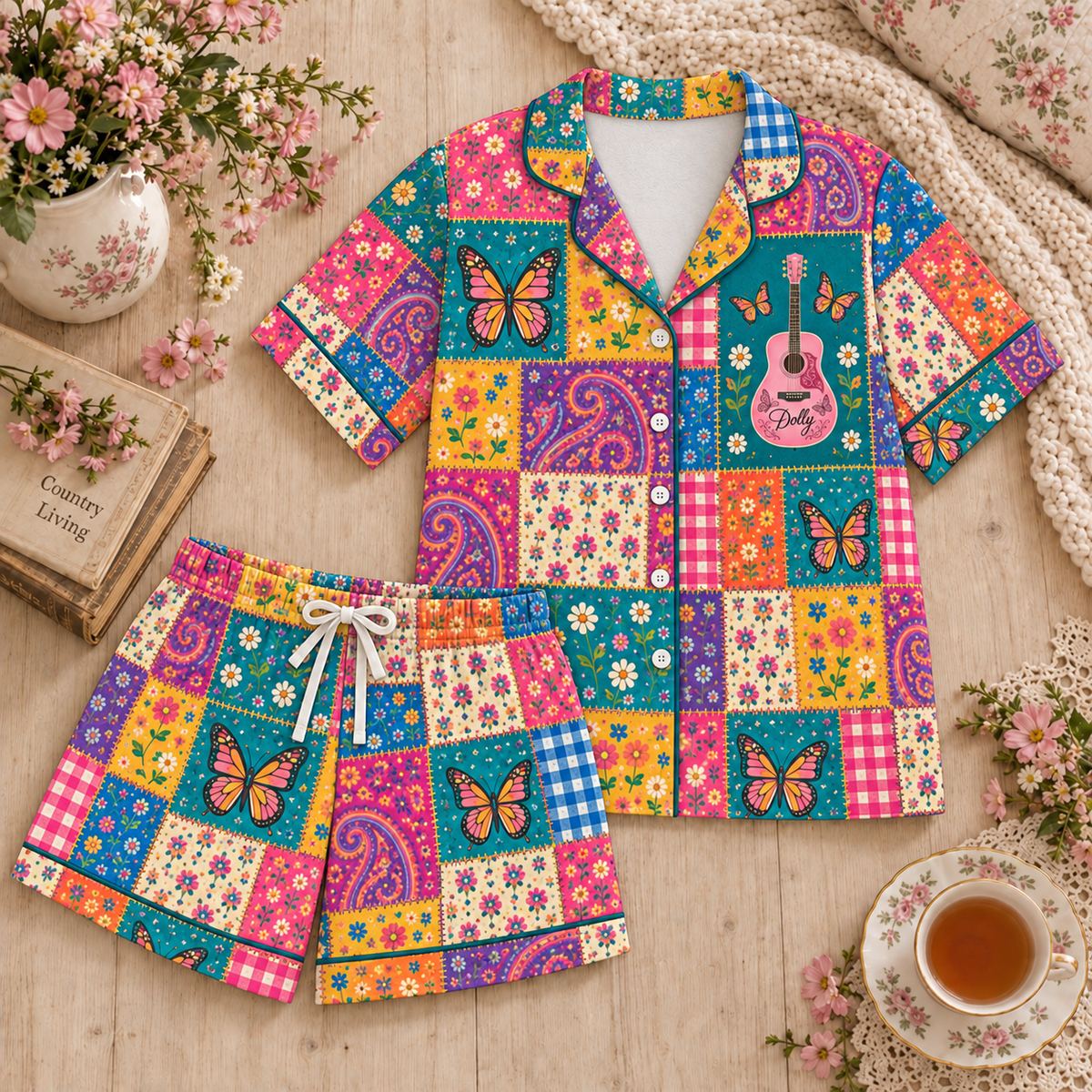 Christmas Satin Pajama Set for Women - Patchwork Butterfly & Floral Print Pajamas