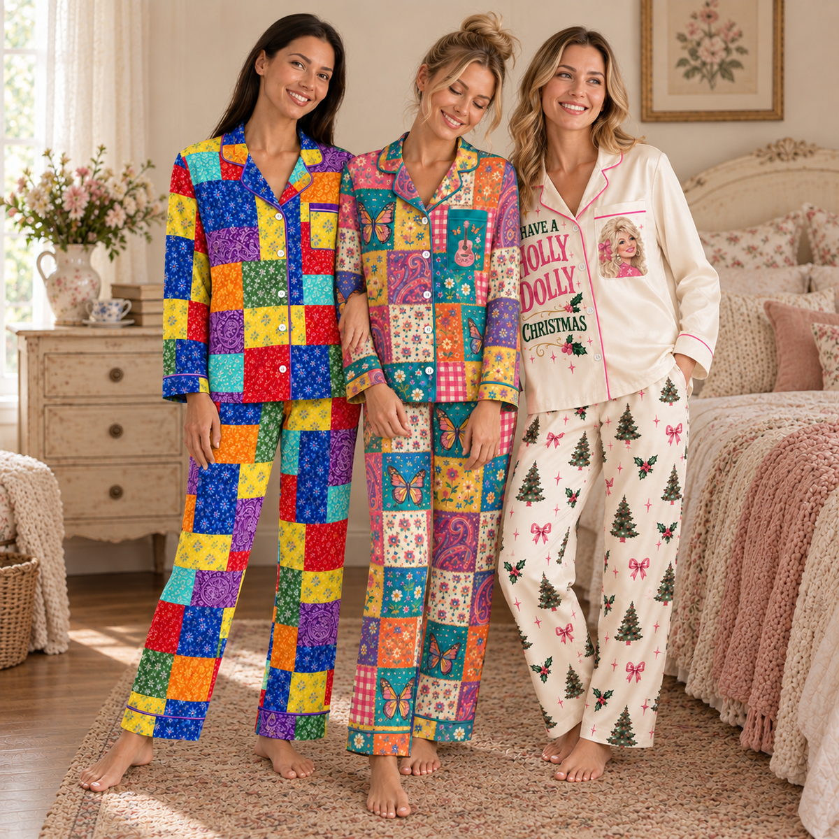 Christmas Satin Pajama Set for Women - Patchwork Butterfly & Floral Print Pajamas