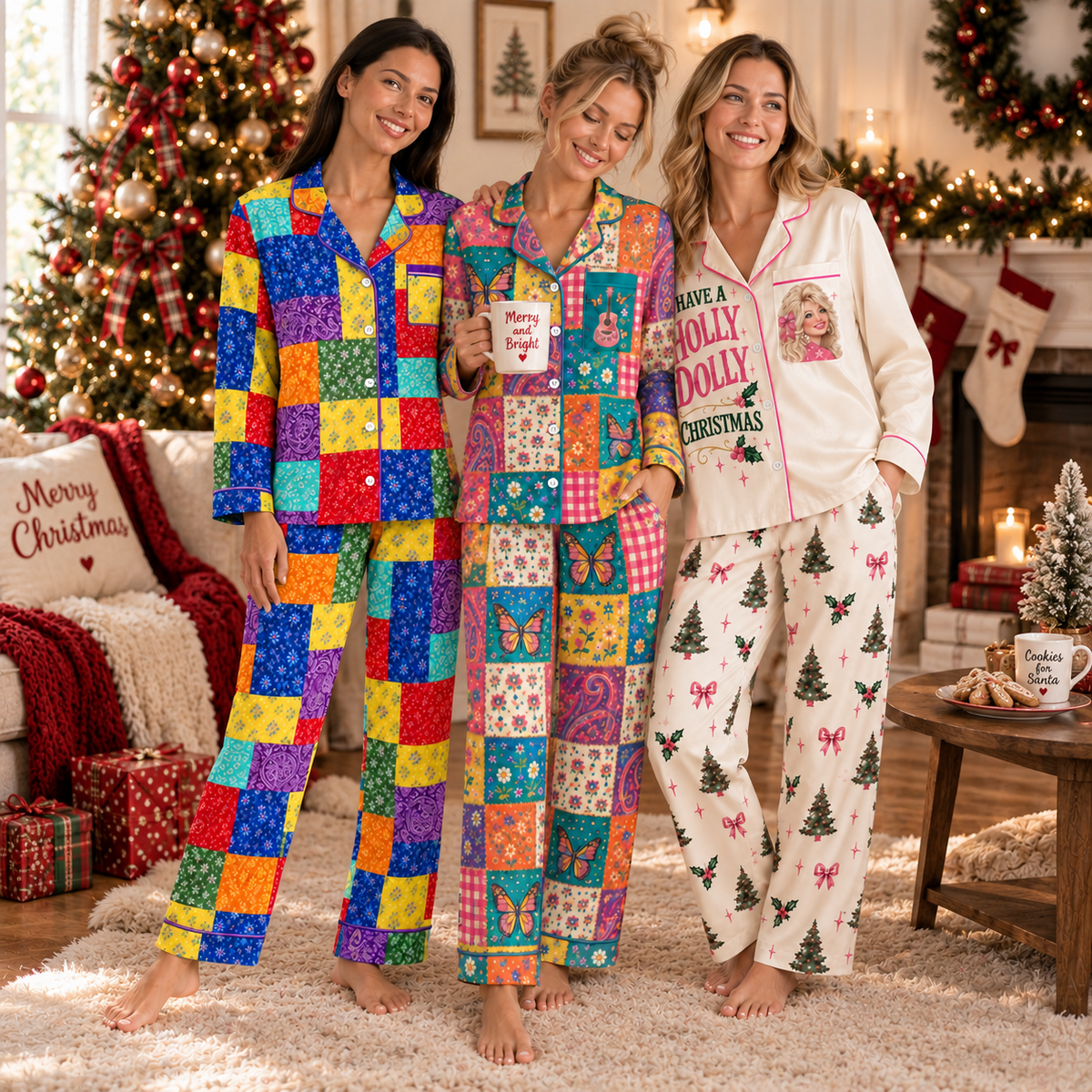 Christmas Satin Pajama Set for Women - Patchwork Butterfly & Floral Print Pajamas