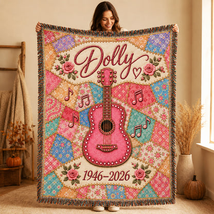 Country Music Woven Blanket - Patchwork Guitar Throw with Pink Floral Design