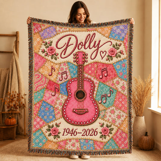 Country Music Woven Blanket - Patchwork Guitar Throw with Pink Floral Design
