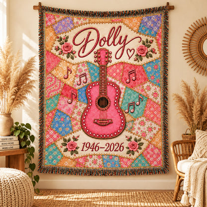 Country Music Woven Blanket - Patchwork Guitar Throw with Pink Floral Design