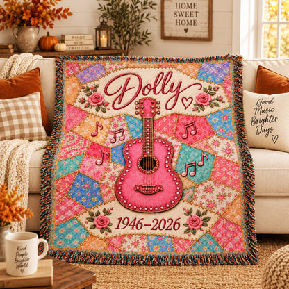 Country Music Woven Blanket - Patchwork Guitar Throw with Pink Floral Design