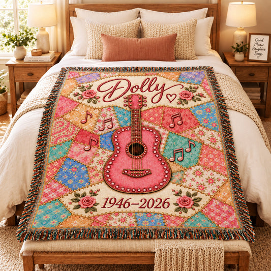 Country Music Woven Blanket - Patchwork Guitar Throw with Pink Floral Design