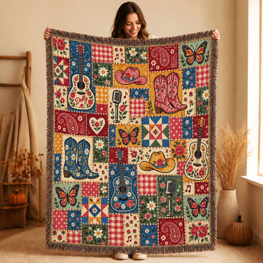 Country Western Woven Blanket - Patchwork Guitar, Boots & Butterfly Cotton Throw