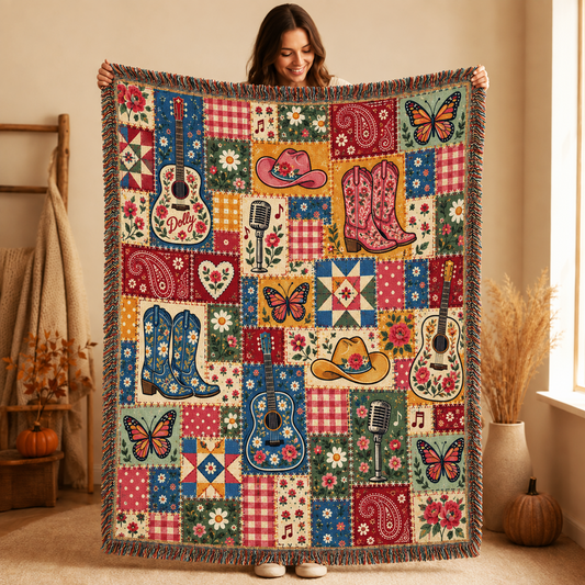 Country Western Woven Blanket - Patchwork Guitar, Boots & Butterfly Cotton Throw