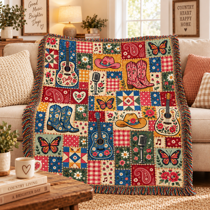 Country Western Woven Blanket - Patchwork Guitar, Boots & Butterfly Cotton Throw