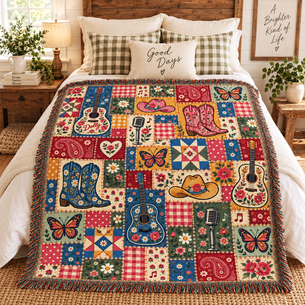 Country Western Woven Blanket - Patchwork Guitar, Boots & Butterfly Cotton Throw