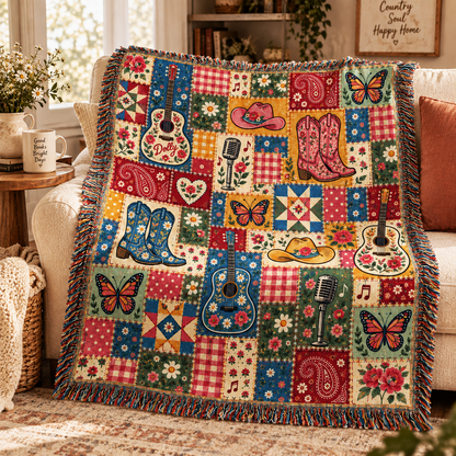 Country Western Woven Blanket - Patchwork Guitar, Boots & Butterfly Cotton Throw