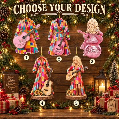 Country Music Christmas Ornament - Acrylic Guitar Singer Ornament with Patchwork Dress Design