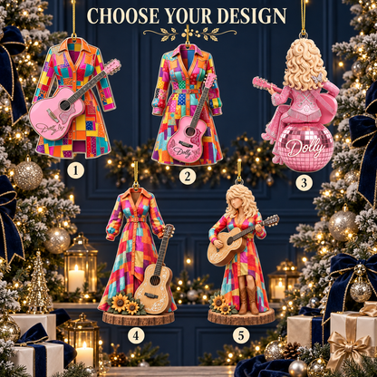 Country Music Christmas Ornament - Acrylic Guitar Singer Ornament with Patchwork Dress Design