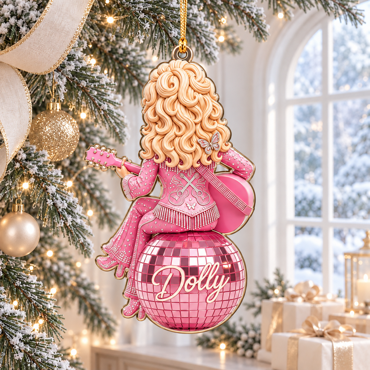 Country Music Christmas Ornament - Acrylic Guitar Singer Ornament with Patchwork Dress Design