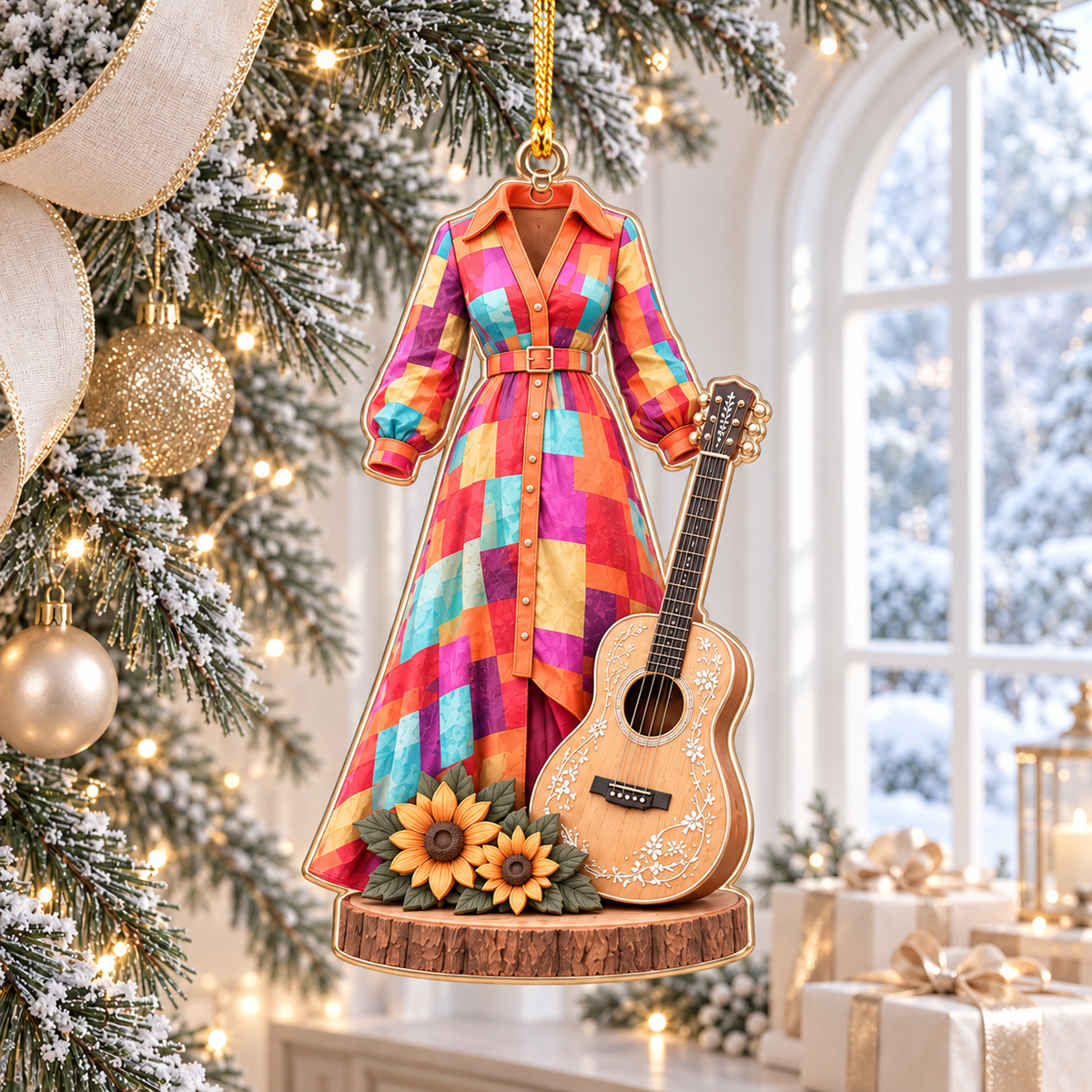 Country Music Christmas Ornament - Acrylic Guitar Singer Ornament with Patchwork Dress Design