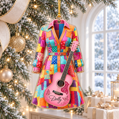 Country Music Christmas Ornament - Acrylic Guitar Singer Ornament with Patchwork Dress Design