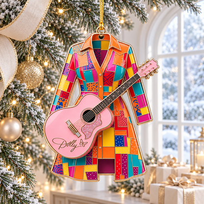 Country Music Christmas Ornament - Acrylic Guitar Singer Ornament with Patchwork Dress Design