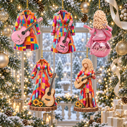 Country Music Christmas Ornament - Acrylic Guitar Singer Ornament with Patchwork Dress Design
