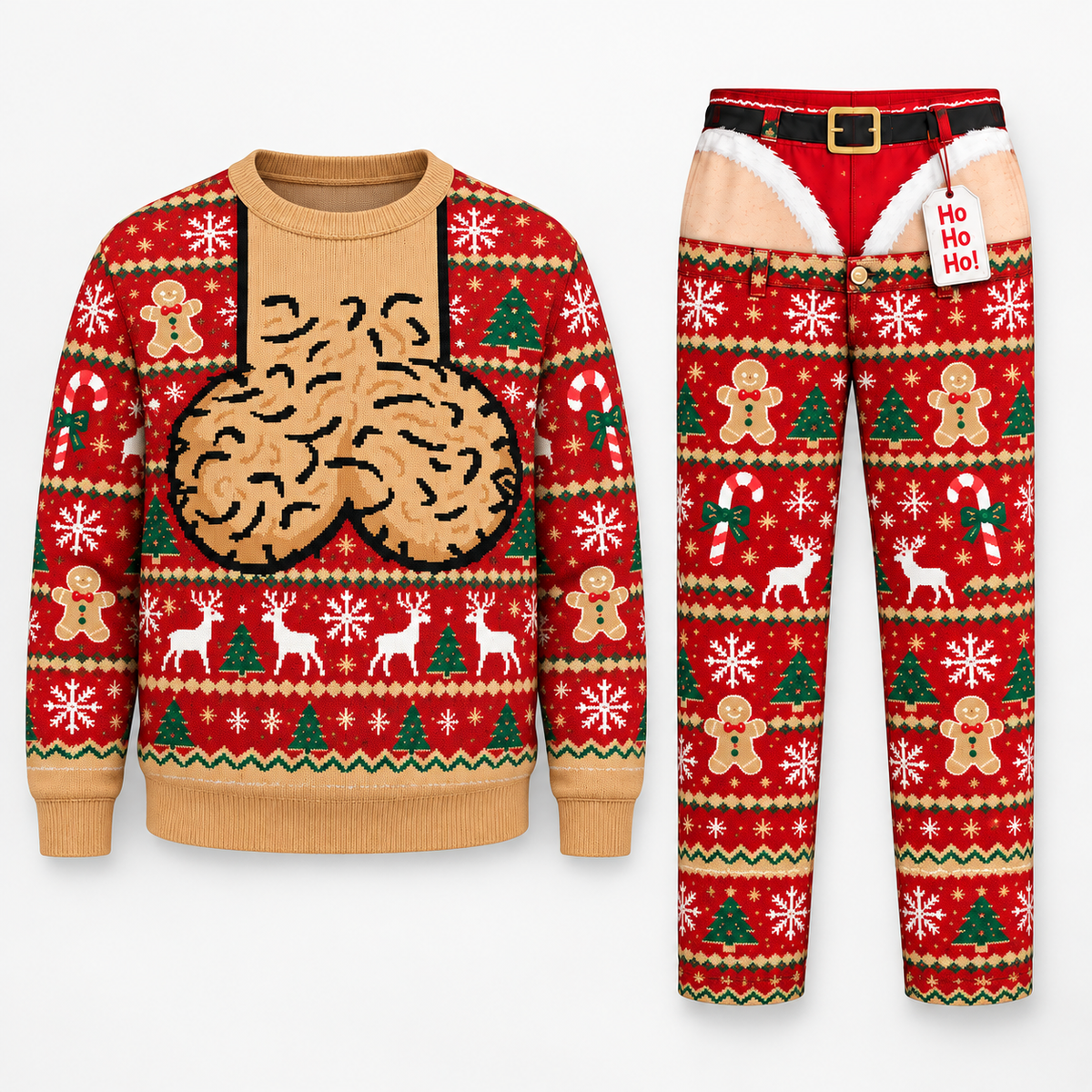 Funny Christmas Sweater & Pants Set, Festive Holiday Novelty Outfit, Gingerbread Reindeer Winter Set, Ugly Christmas Party Gift