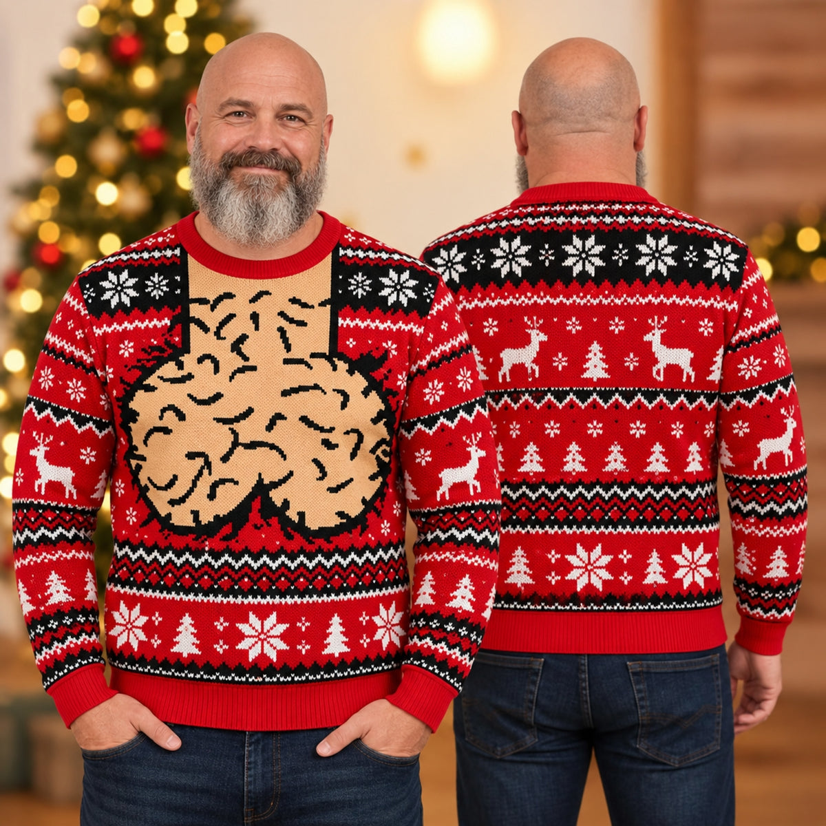 Funny Adult Christmas Sweater, Novelty Graphic All-Over Print Ugly Holiday Sweater, Red Black Festive Party Pullover