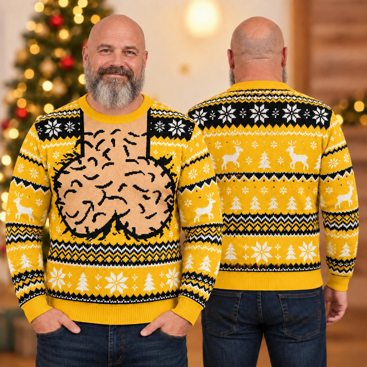 Funny Adult Christmas Sweater, Novelty Graphic All-Over Print Ugly Holiday Sweater, Red Black Festive Party Pullover