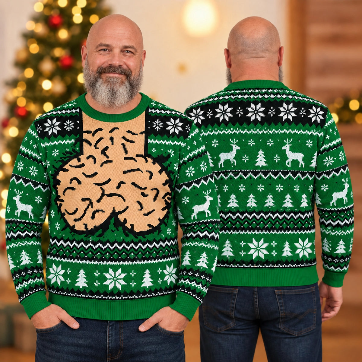 Funny Adult Christmas Sweater, Novelty Graphic All-Over Print Ugly Holiday Sweater, Red Black Festive Party Pullover